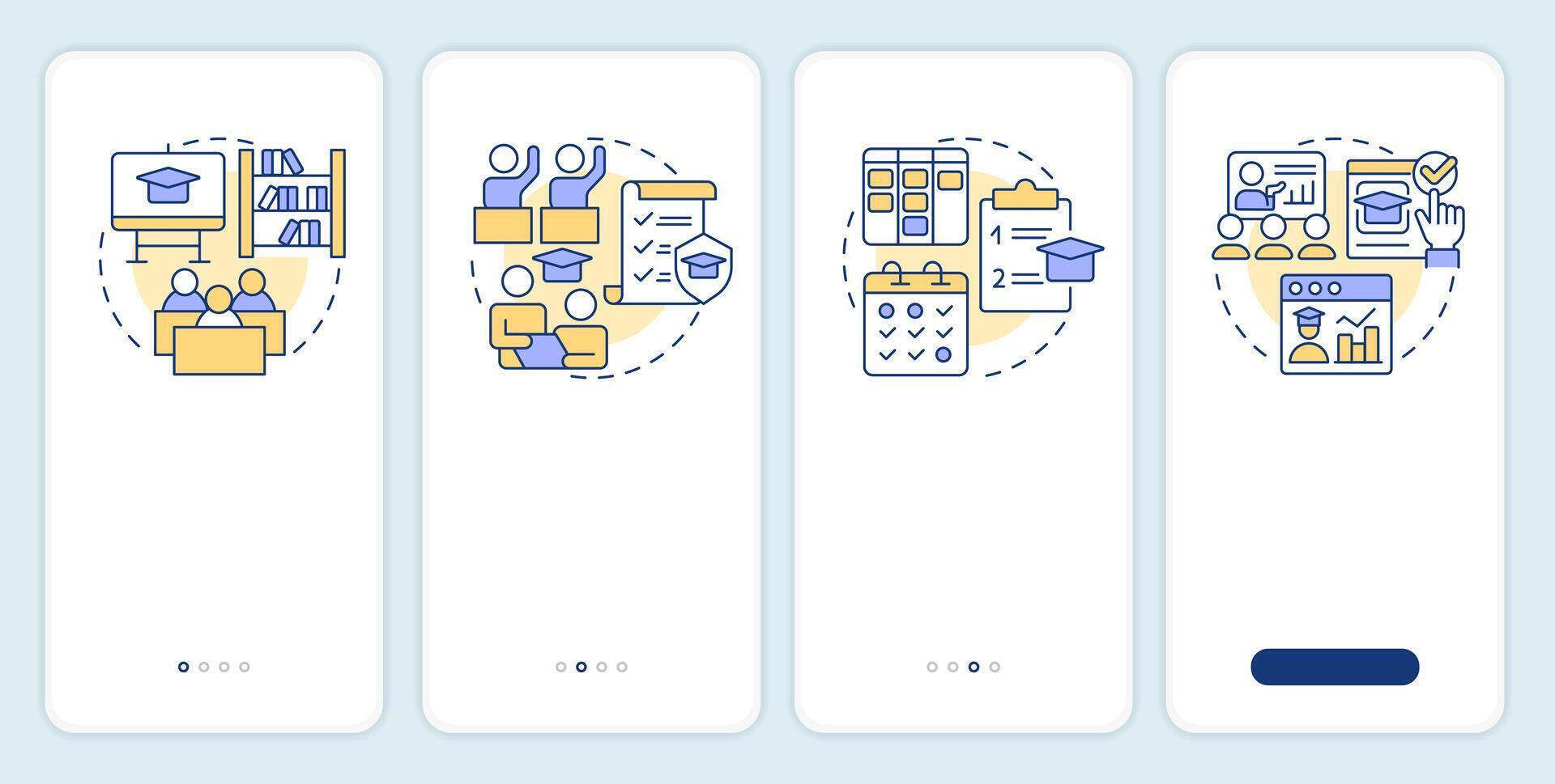 salón de clases administración componentes inducción móvil aplicación pantalla. recorrido 4 4 pasos editable gráfico instrucciones con lineal conceptos. ui, ux, gui modelo vector