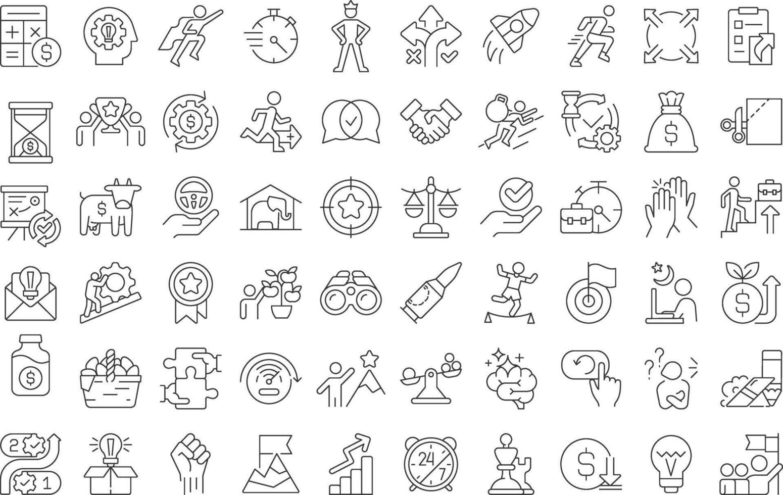 Business idioms linear icons set. Goal achieving. Team work, partnership. Corporate structure, company. Customizable thin line symbols. Isolated outline illustrations. Editable stroke vector
