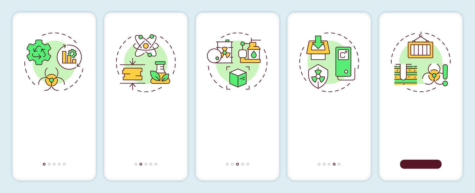 Radioactive waste management onboarding mobile app screen. Walkthrough 5 steps editable graphic instructions with linear concepts. UI, UX, GUI template vector