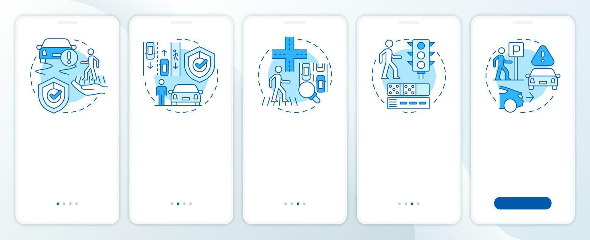 Pedestrian safety blue onboarding mobile app screen. Traffic. Walkthrough 5 steps editable graphic instructions with linear concepts. UI, UX, GUI template vector