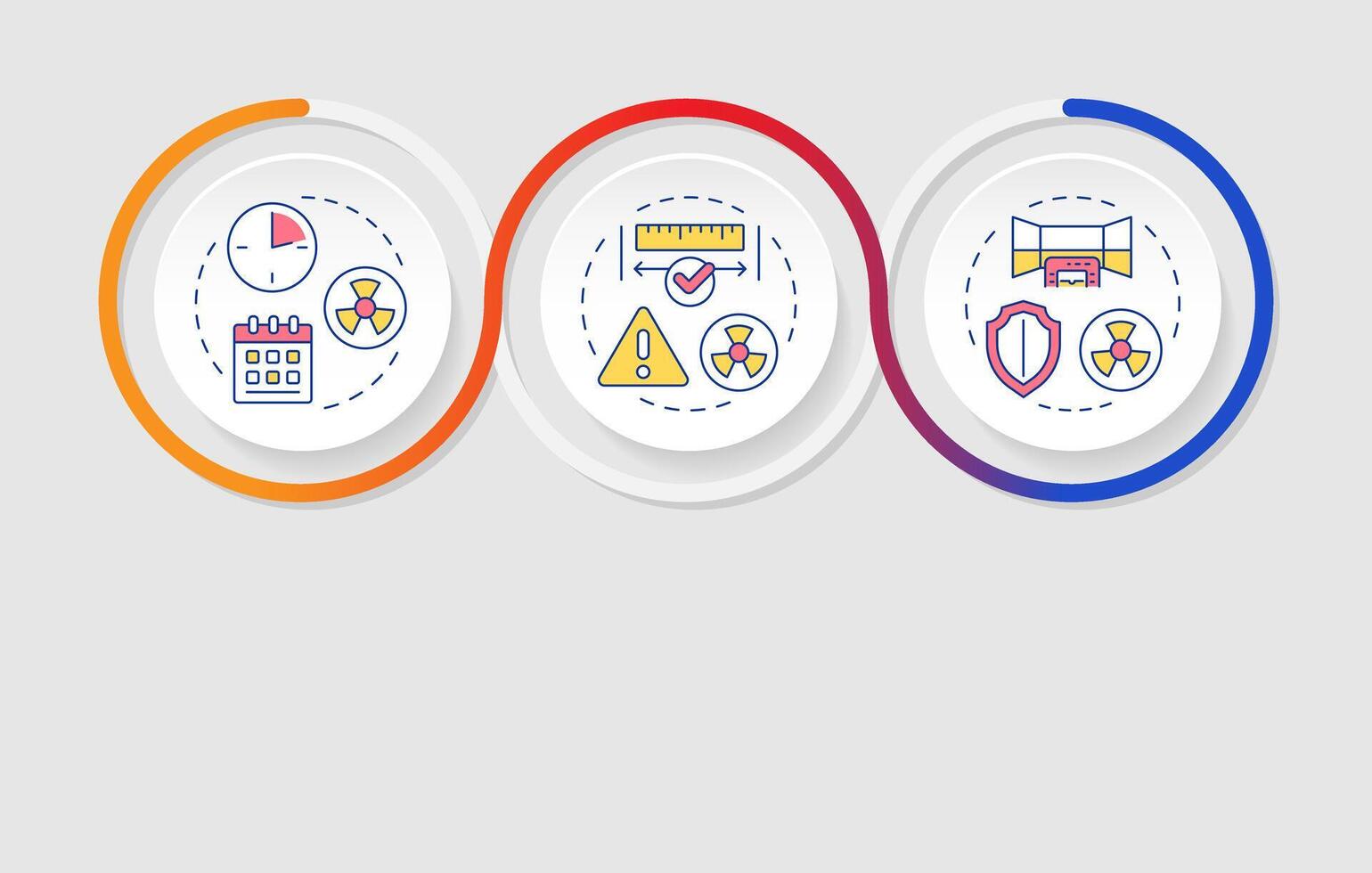 Principles of radiation exposure infographics circles sequence. Nuclear waste safe conservation. Visualization layout with 3 steps. Info chart loop process presentation vector