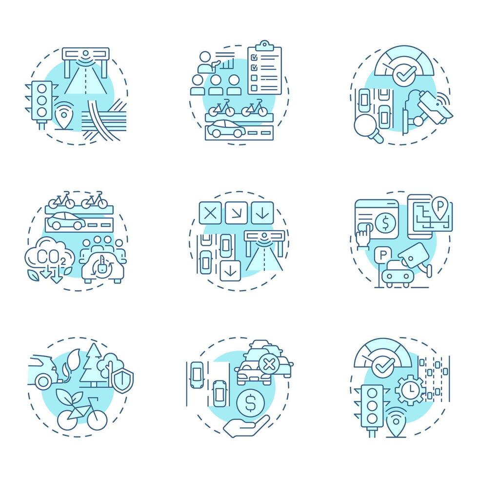 Traffic management soft blue concept icons. Road safety and vehicle flow regulation. Transport control. Icon pack. Round shape illustrations for presentation. Abstract idea vector