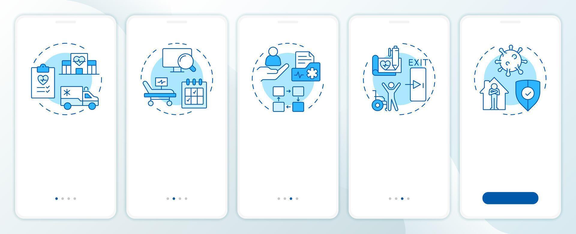 Hospital bed management blue onboarding mobile app screen. Walkthrough 5 steps editable graphic instructions with linear concepts. UI, UX, GUI template vector