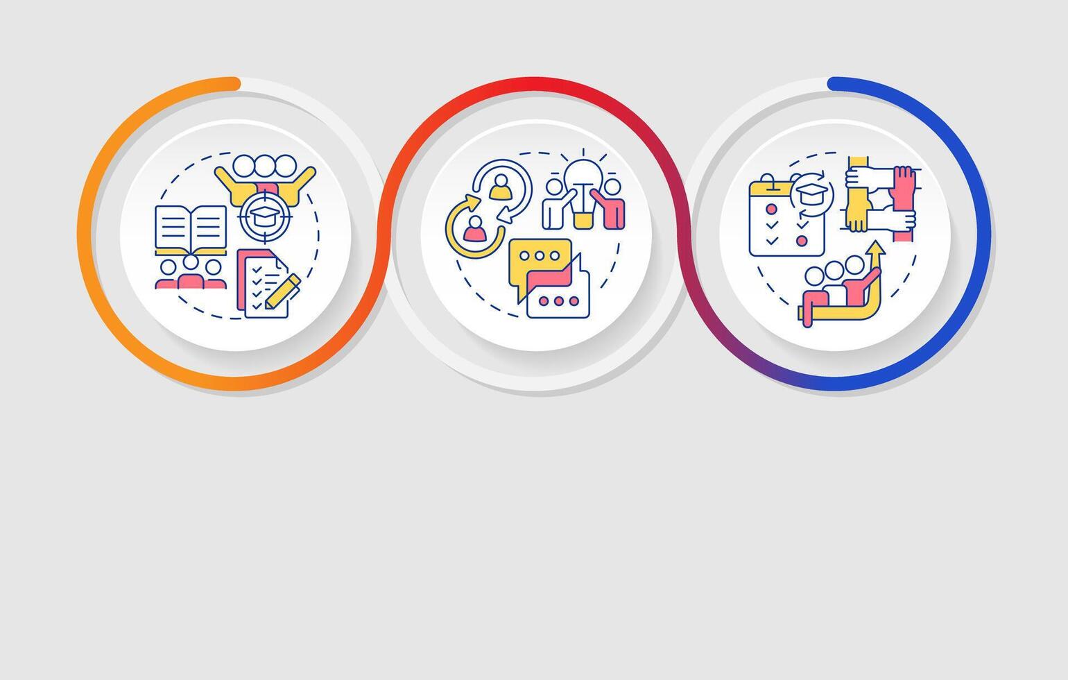 Cooperative learning different methodologies infographics circles sequence. Teamwork organization. Visualization layout with 3 steps. Info chart loop process presentation vector