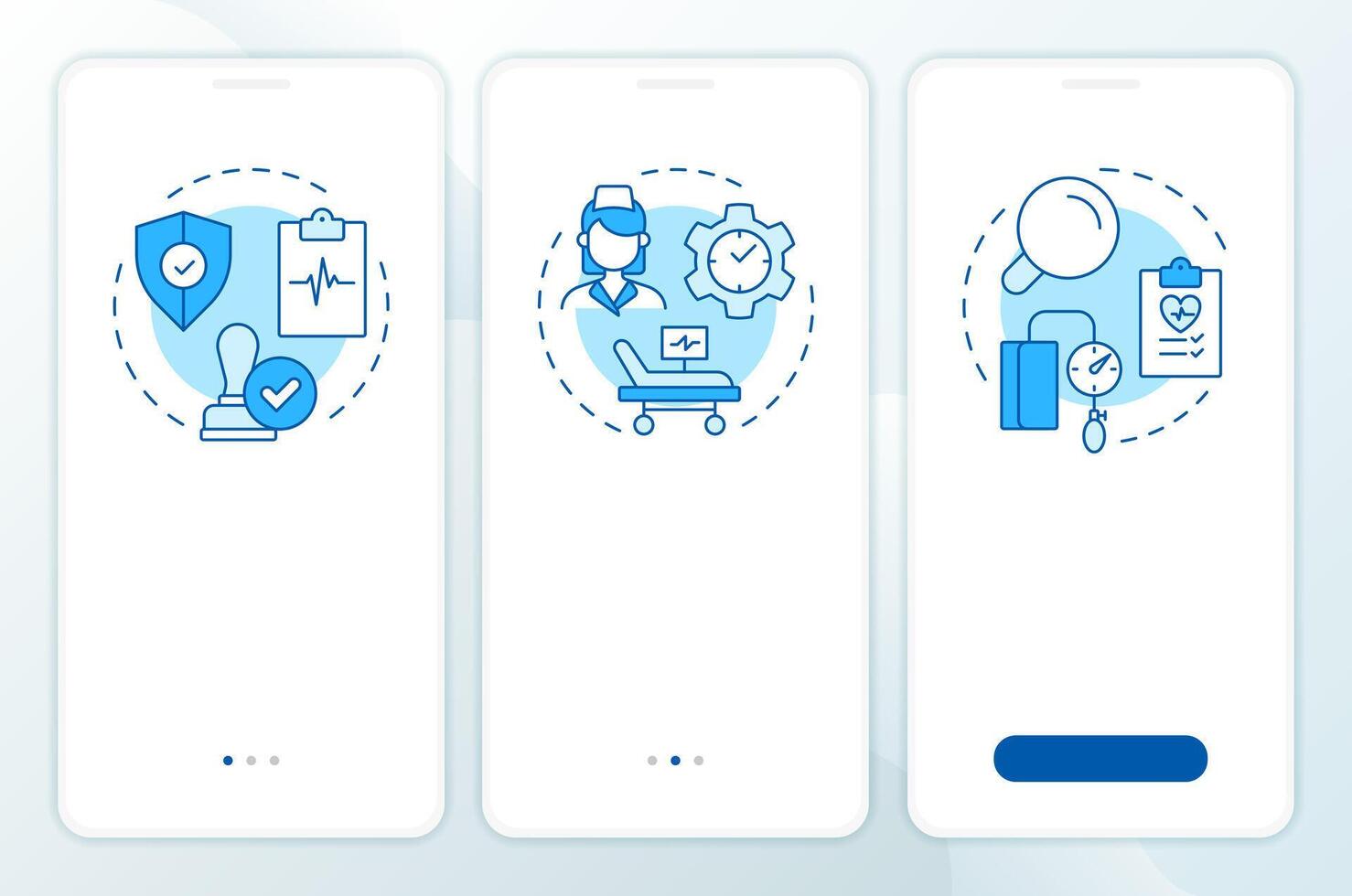 Types of utilization management blue onboarding mobile app screen. Walkthrough 3 steps editable graphic instructions with linear concepts. UI, UX, GUI template vector