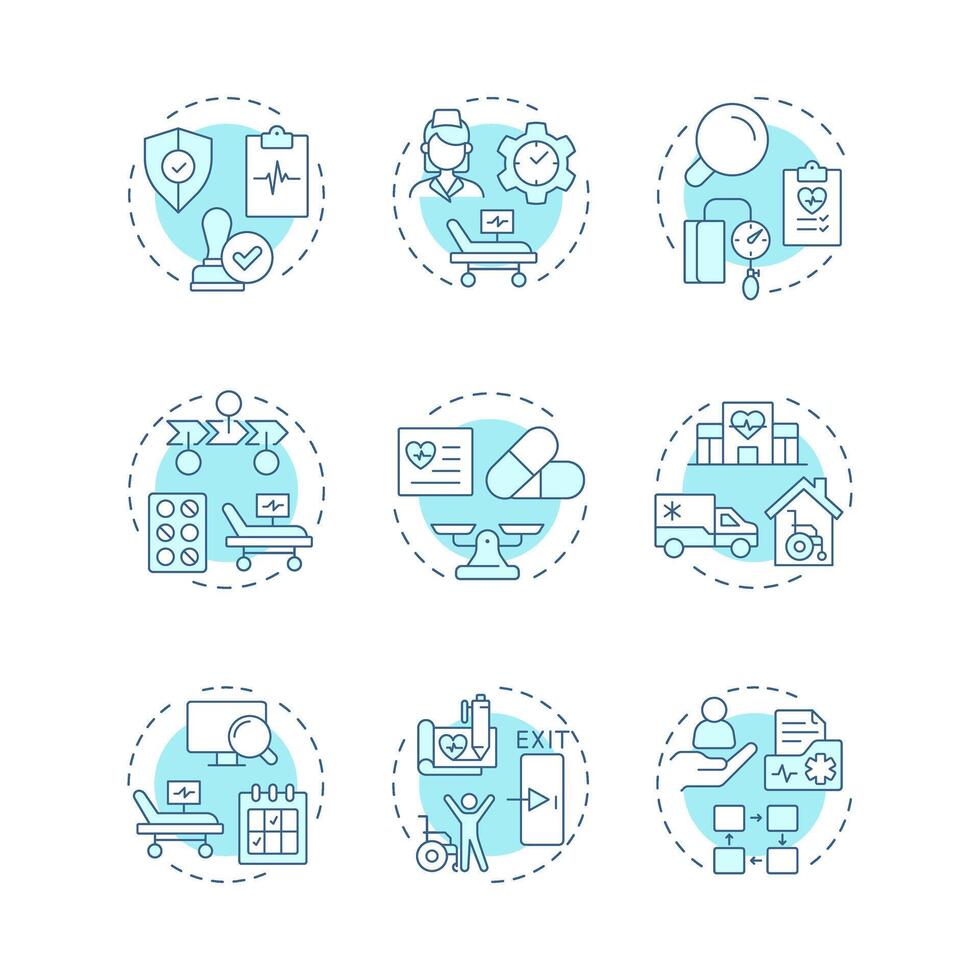 Utilization management soft blue concept icons. Medical service regulation strategy. Healthcare service. Icon pack. Round shape illustrations for presentation. Abstract idea vector