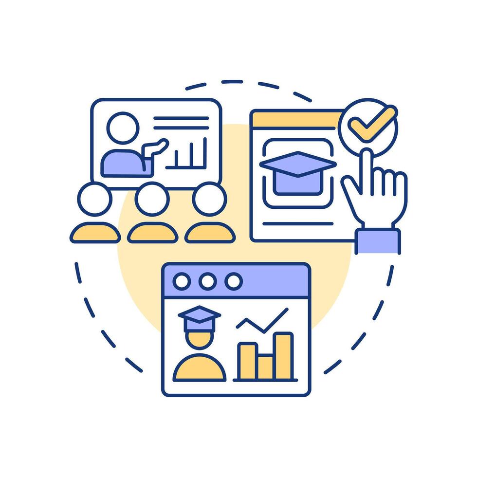 Instructional technique multi color concept icon. Teaching, coaching. Learning strategy, statistical metrics. Round shape line illustration. Abstract idea. Graphic design. Easy to use vector