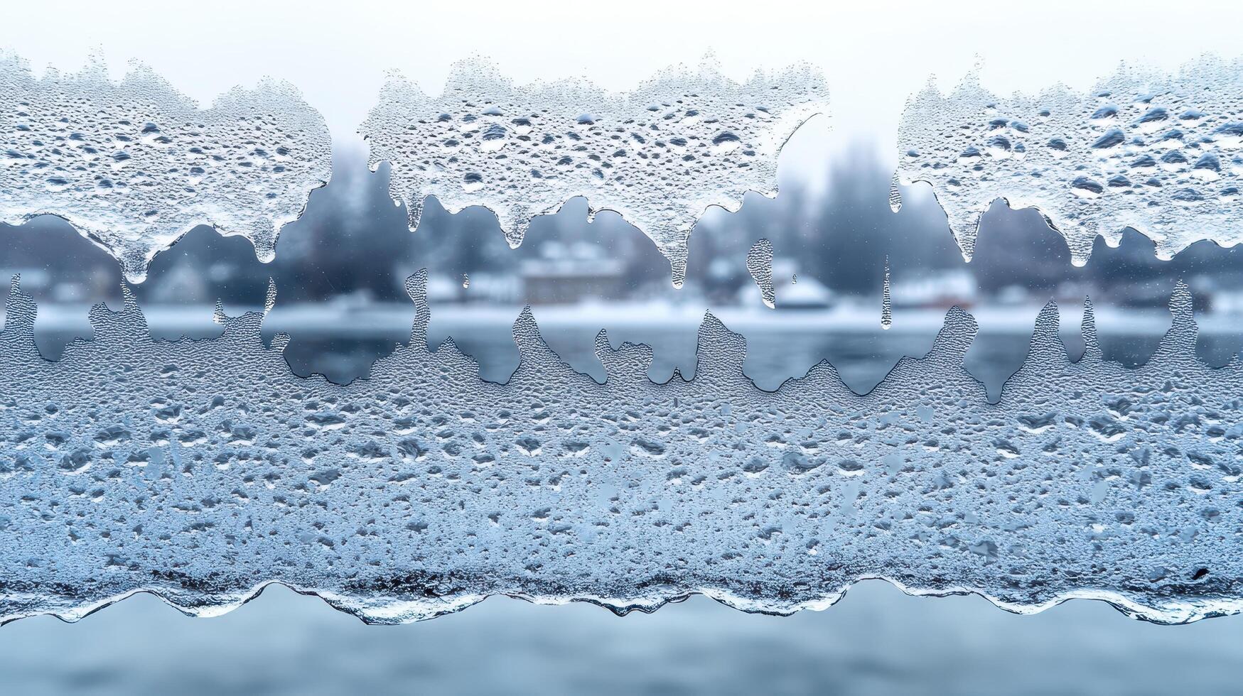 Winter condensation on window, blurred city view. Use Website background photo