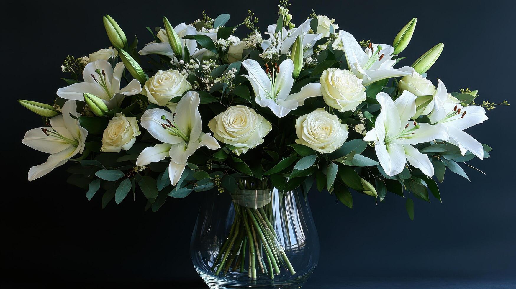 White lilies and roses bouquet in glass vase, dark background, sympathy flowers, funeral arrangement photo