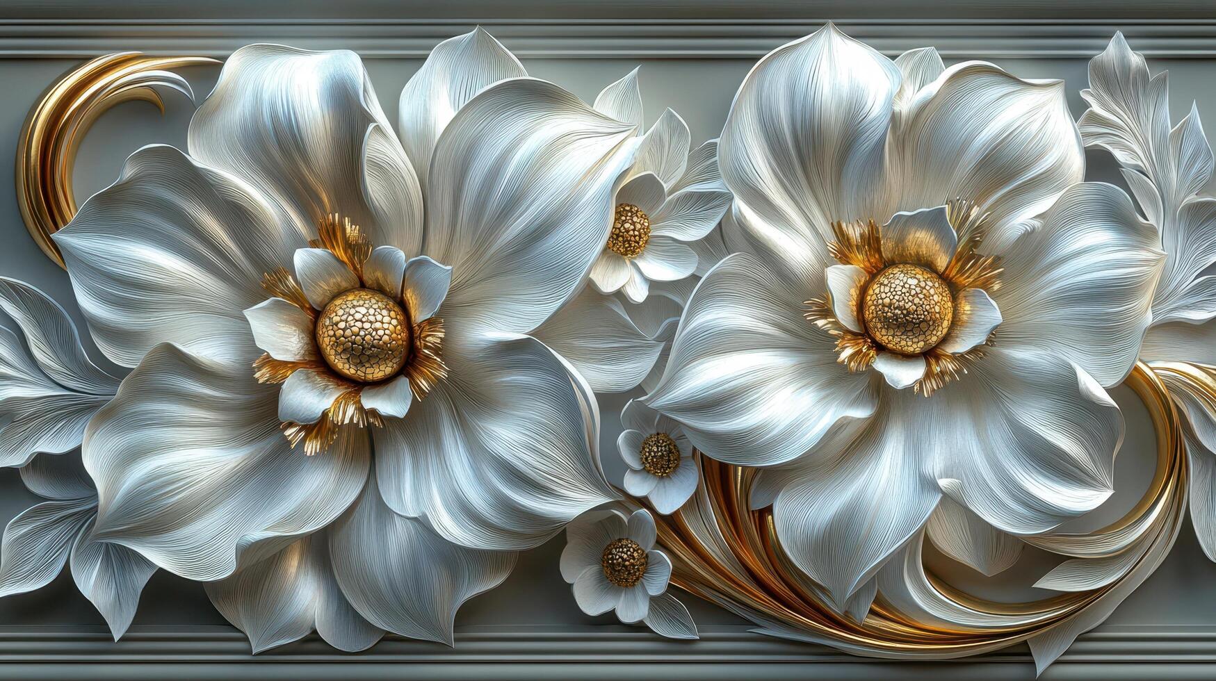 Elegant white gold 3D flowers wall art decor photo