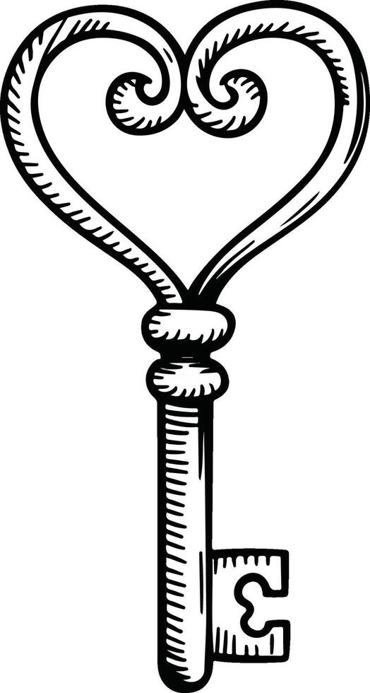 a black and white drawing of a key with a heart shape vector