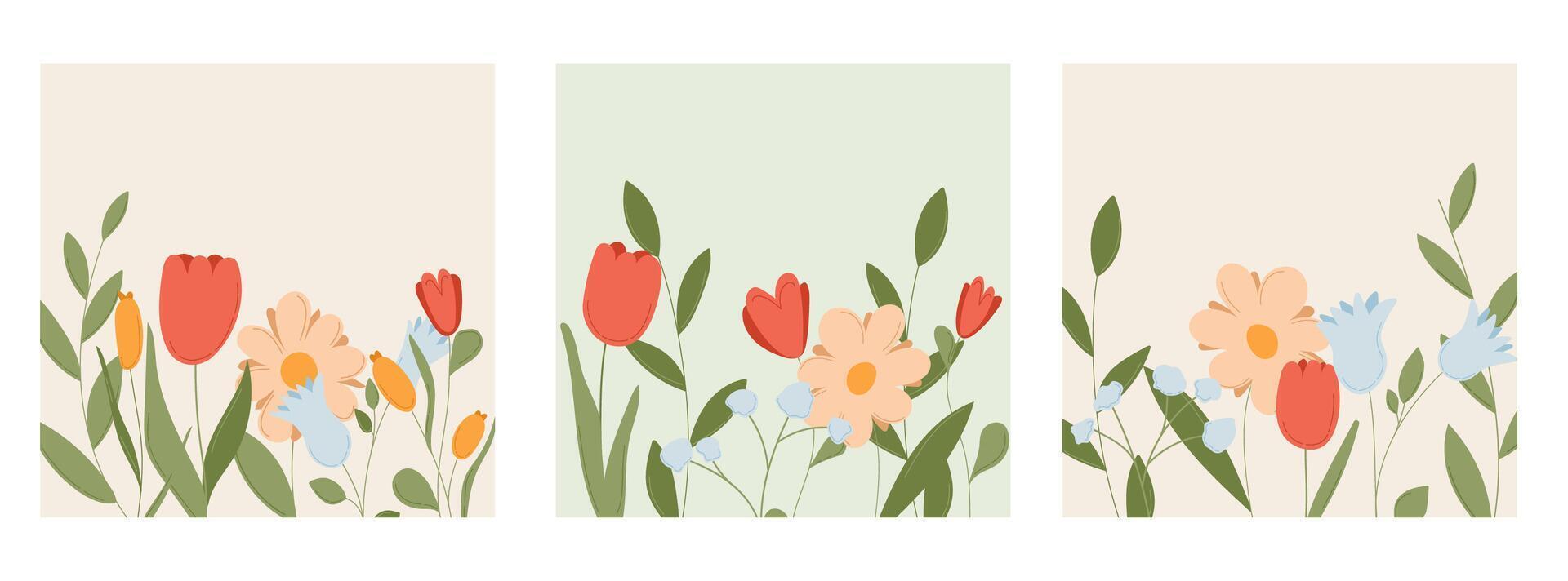 Spring floral flower card. Happy mother day bouquet with garden leaves and elegant frame. Summer decoration with abstract bloom pattern. Modern greeting banner template for feminine gift poster vector