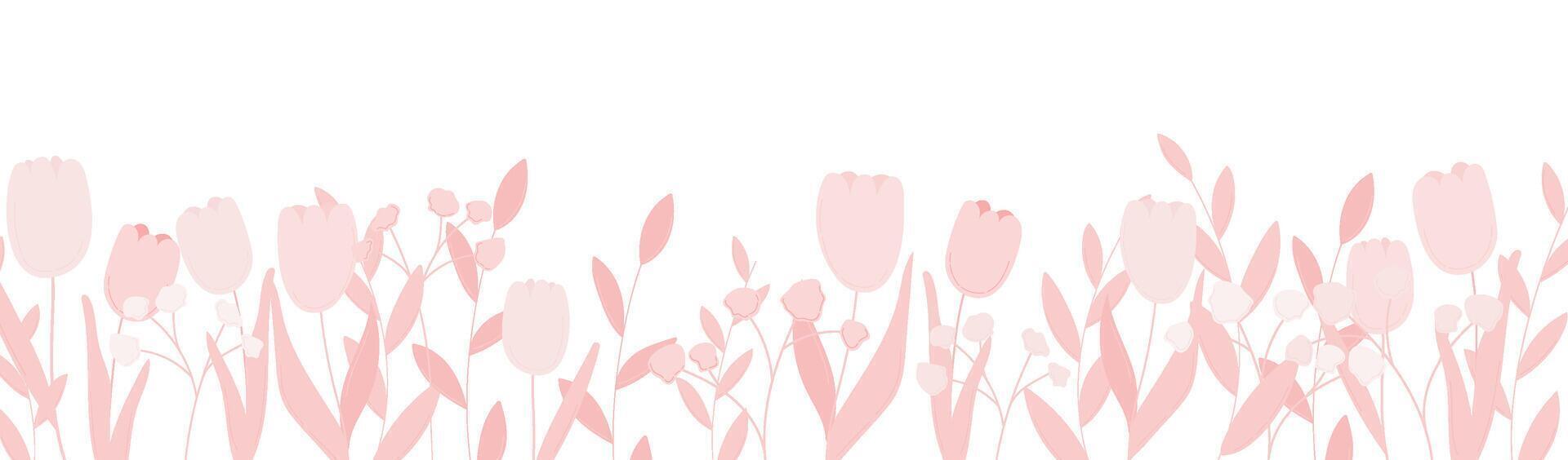Flower border for spring botanical illustration. Wildflower print with pink tulip bloom and leaf graphic element. Floral design for meadow banner. Blossom decor isolated on white background. vector