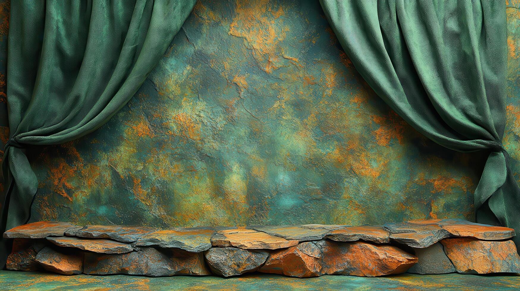 Rustic stone stage backdrop, green drapes, textured wall, product display photo