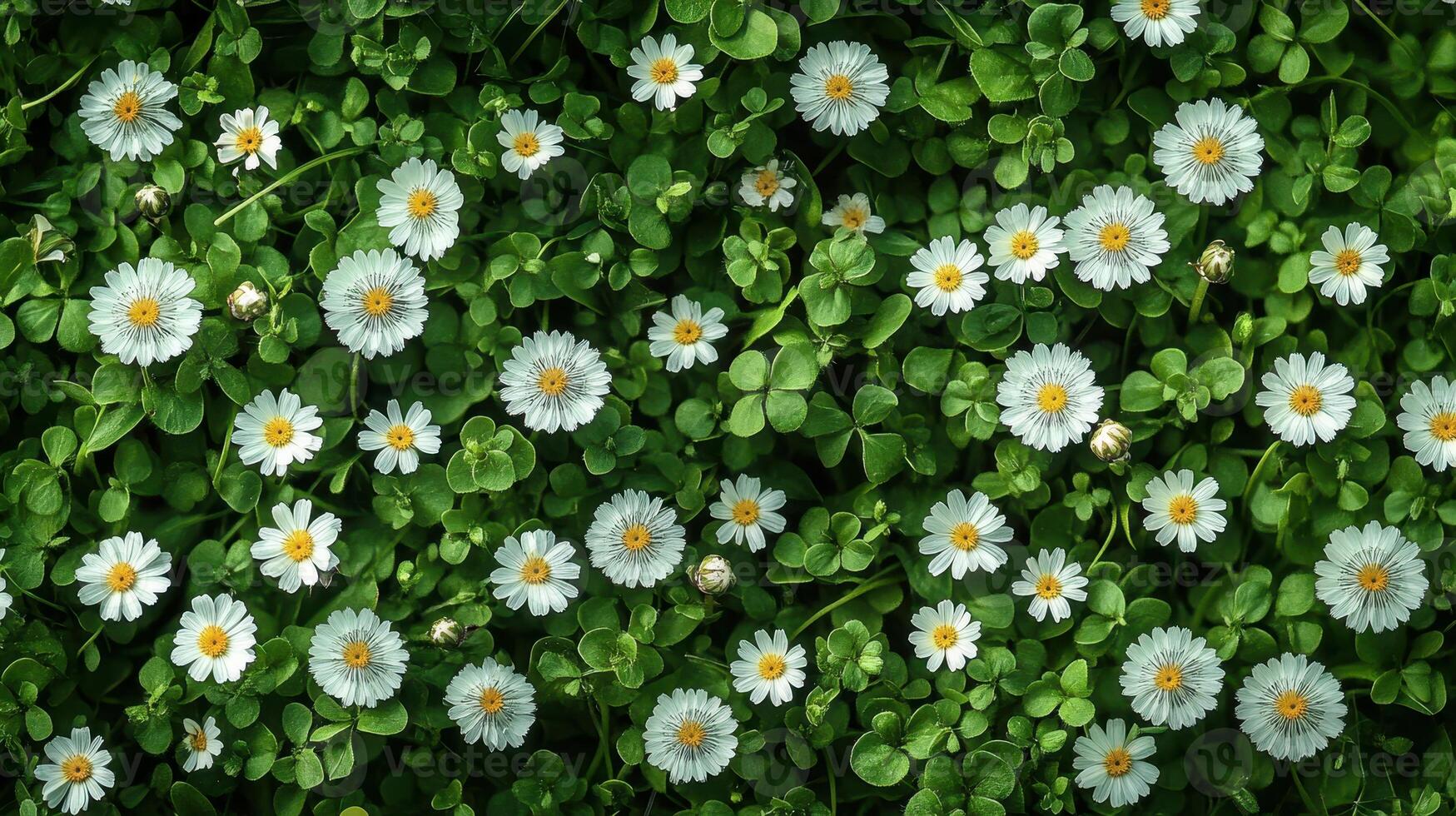 Daisies blooming in green clover field, overhead view, nature background, spring texture photo