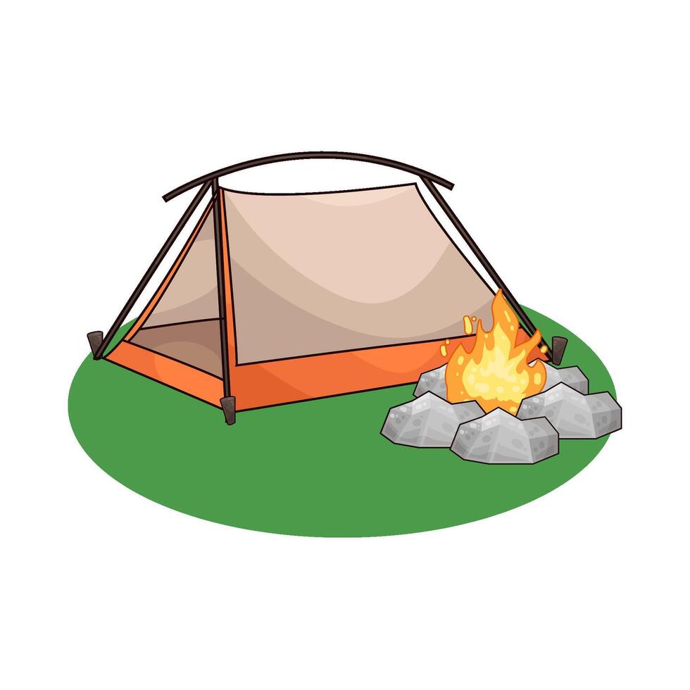 bonfire near minimalist camping tent vector