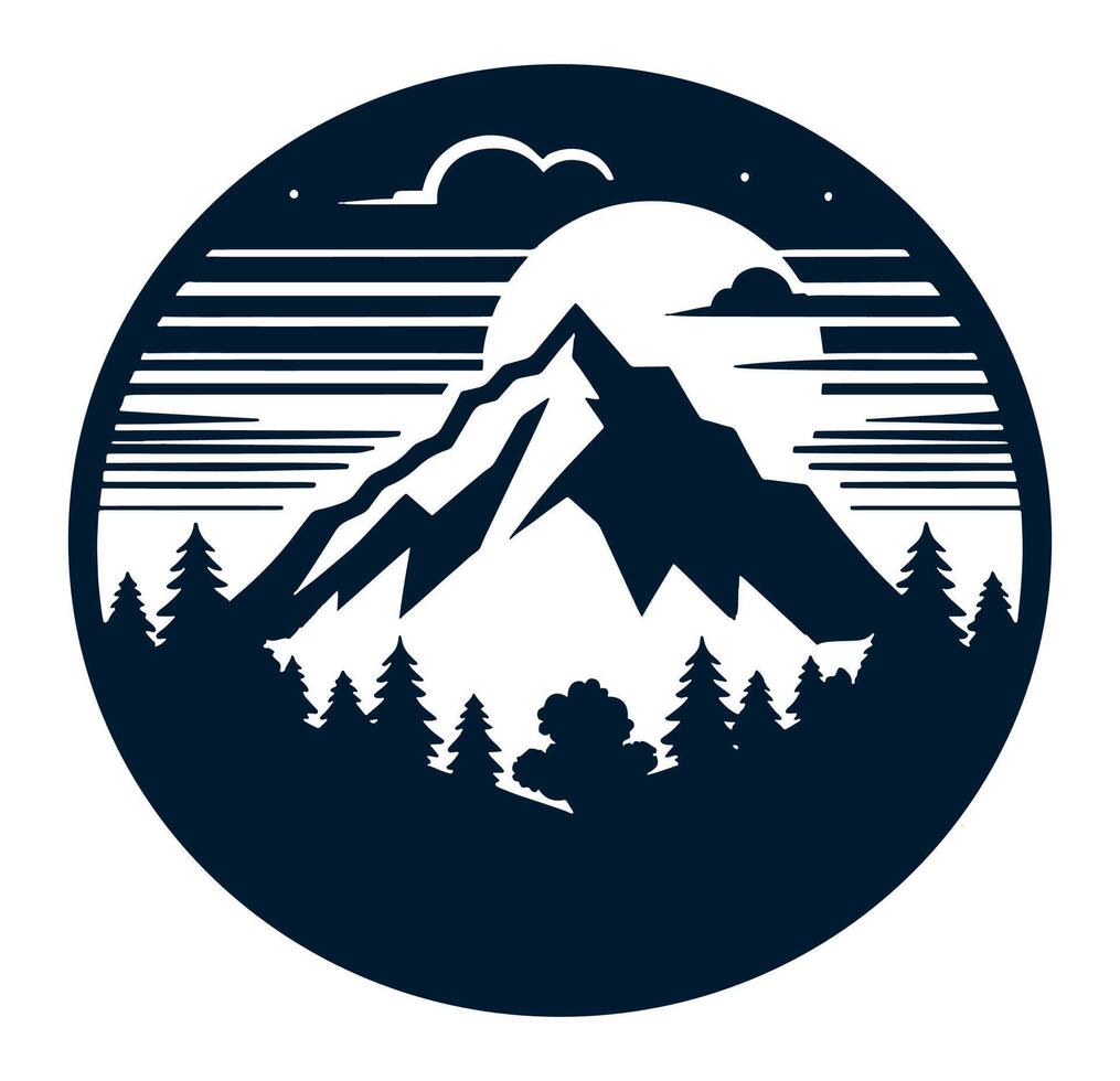 A mountain with trees and a moon in the background on white. vector
