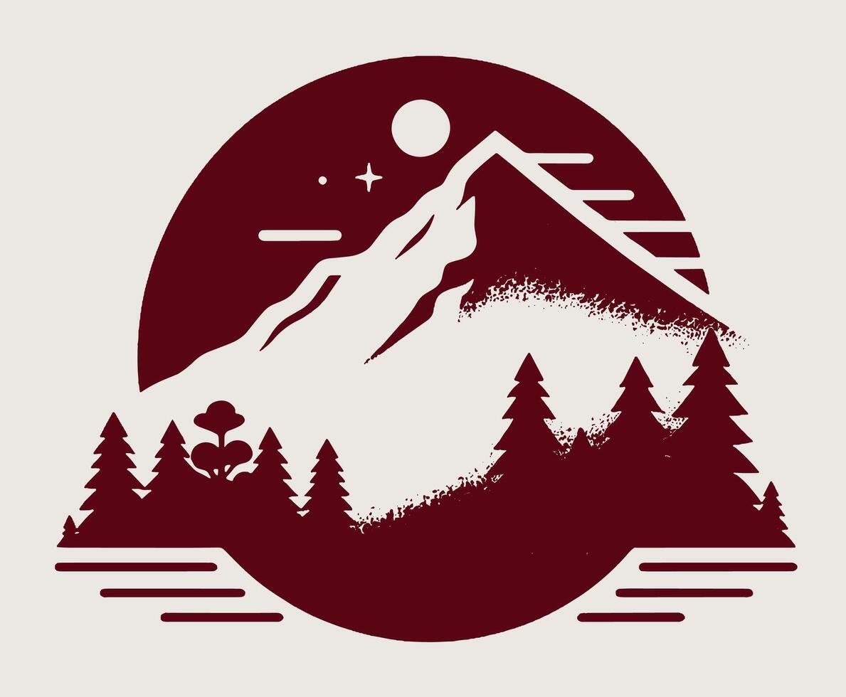 A mountain with trees and a moon on gray. vector
