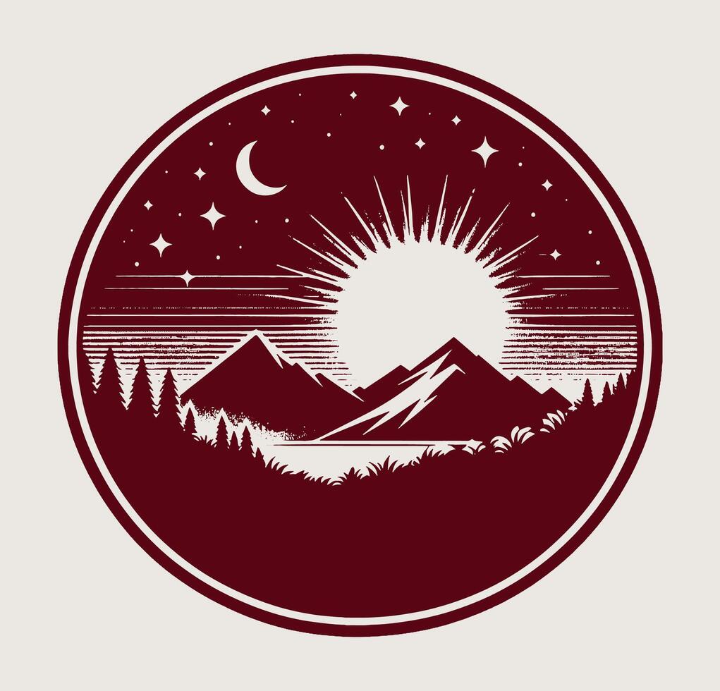 A mountain landscape with a sun and moon in the sky vector