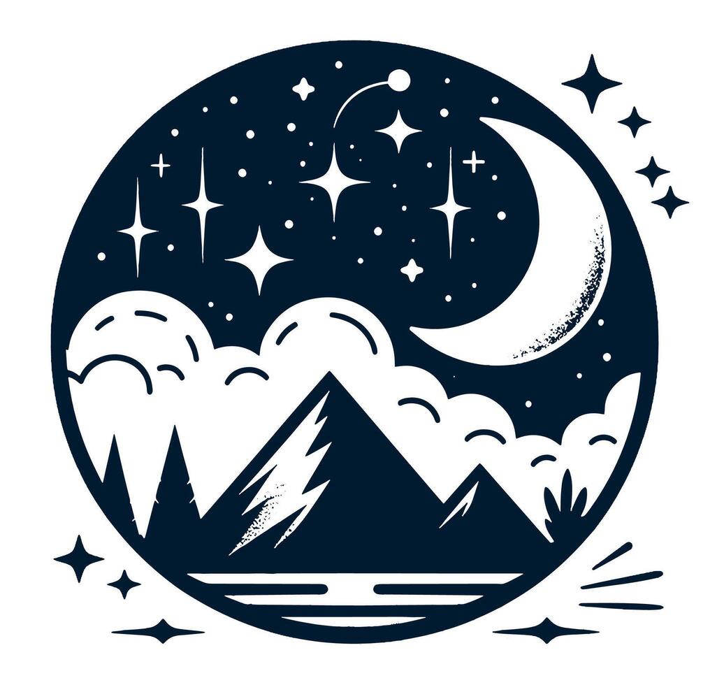 A mountain and a lake with stars and the moon vector