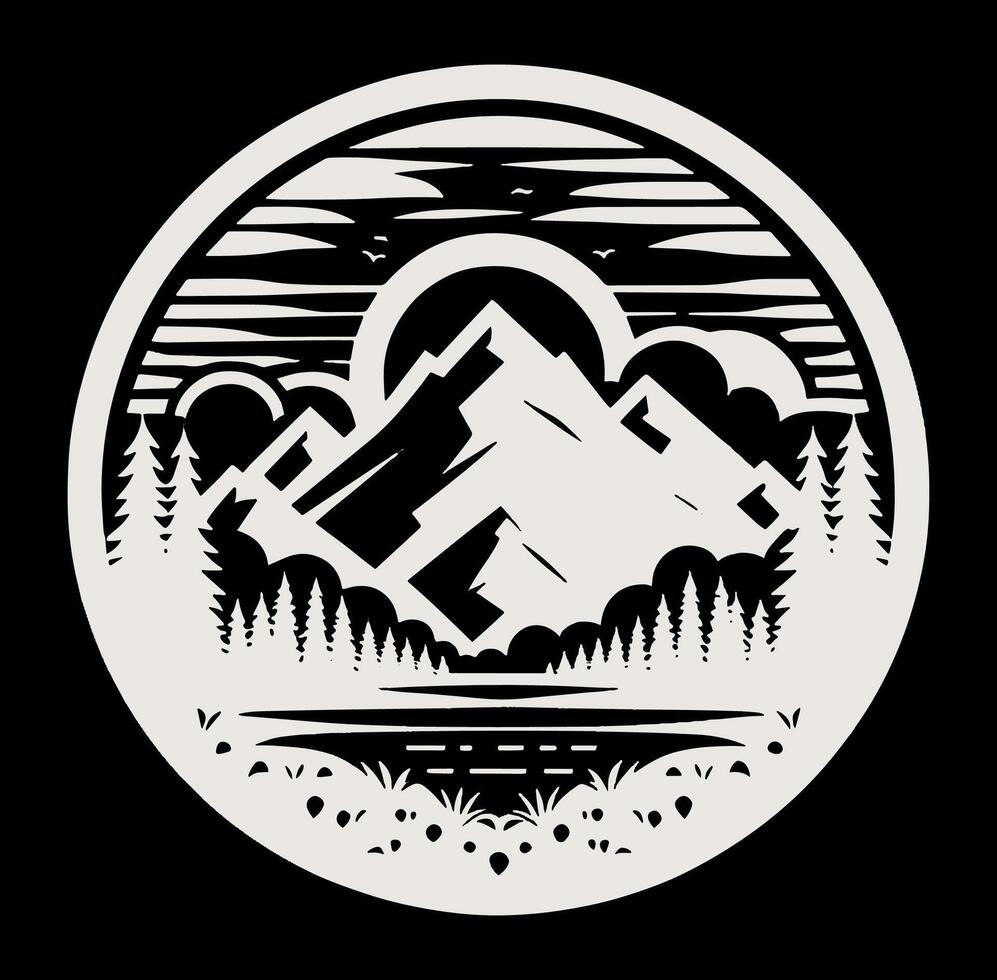 A mountain landscape with trees and a lake in the background on dark. vector