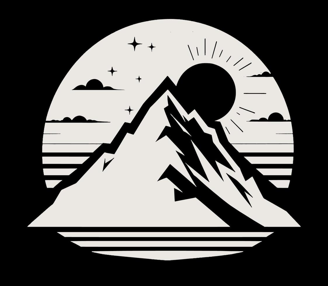 A mountain with a sun and clouds on dark. vector