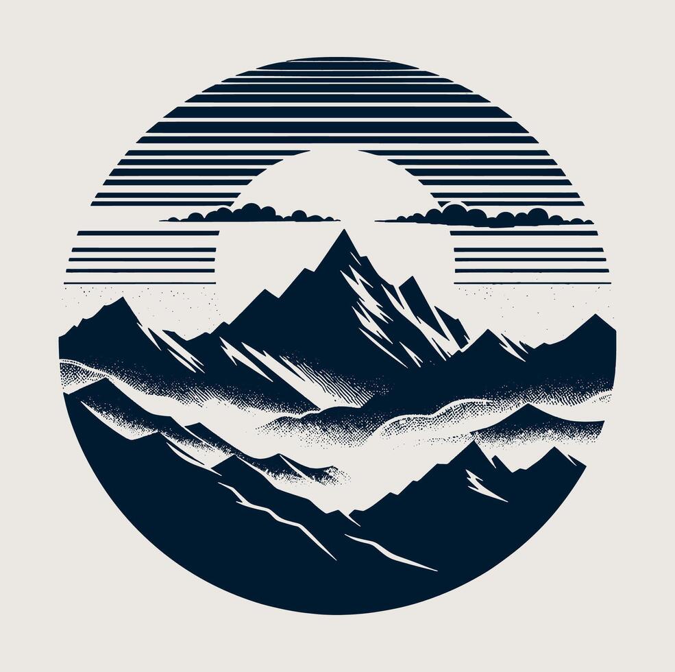 A mountain landscape with a sun and clouds on gray. vector