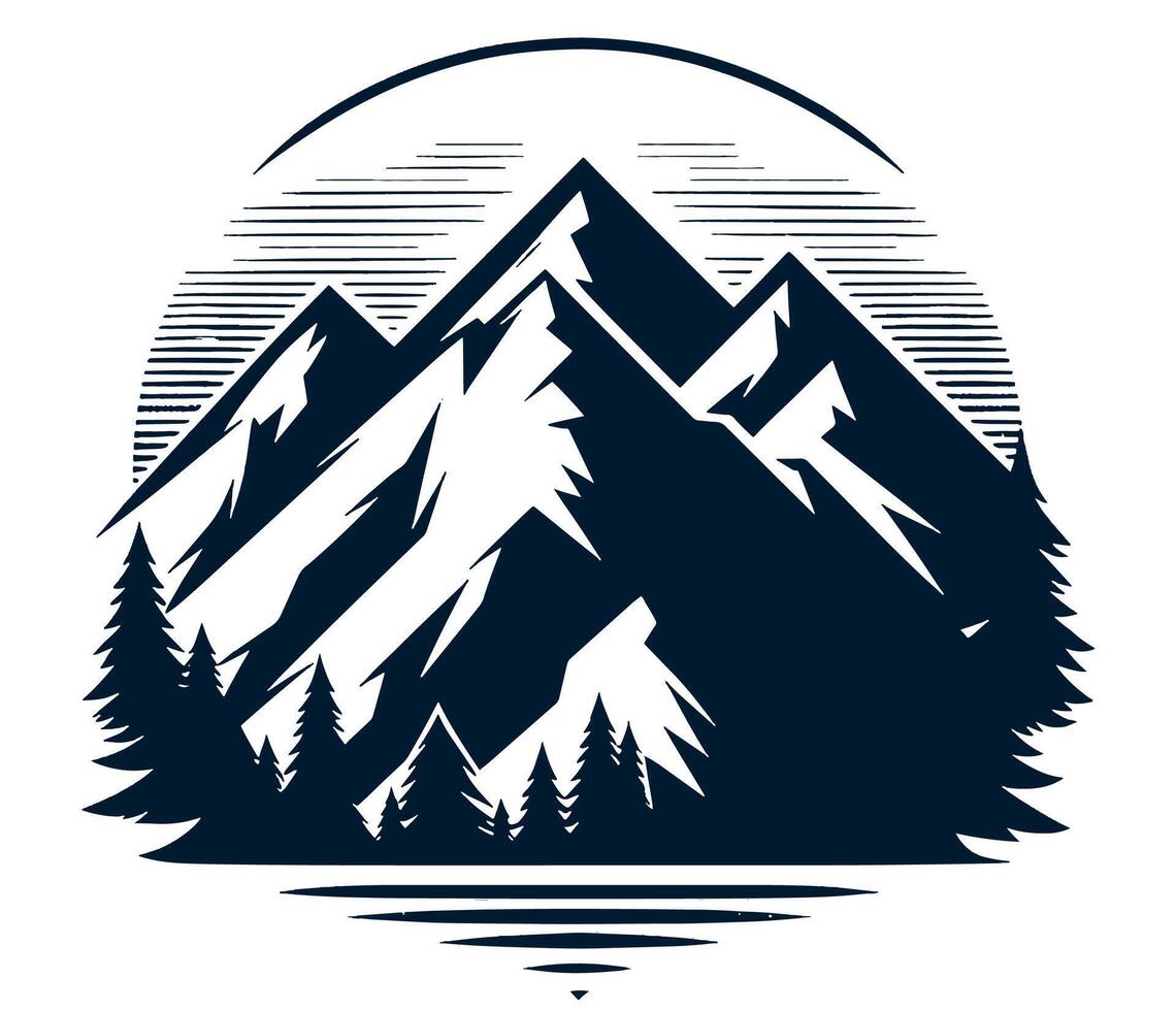 Mountain logo with pine trees and mountains on white. vector