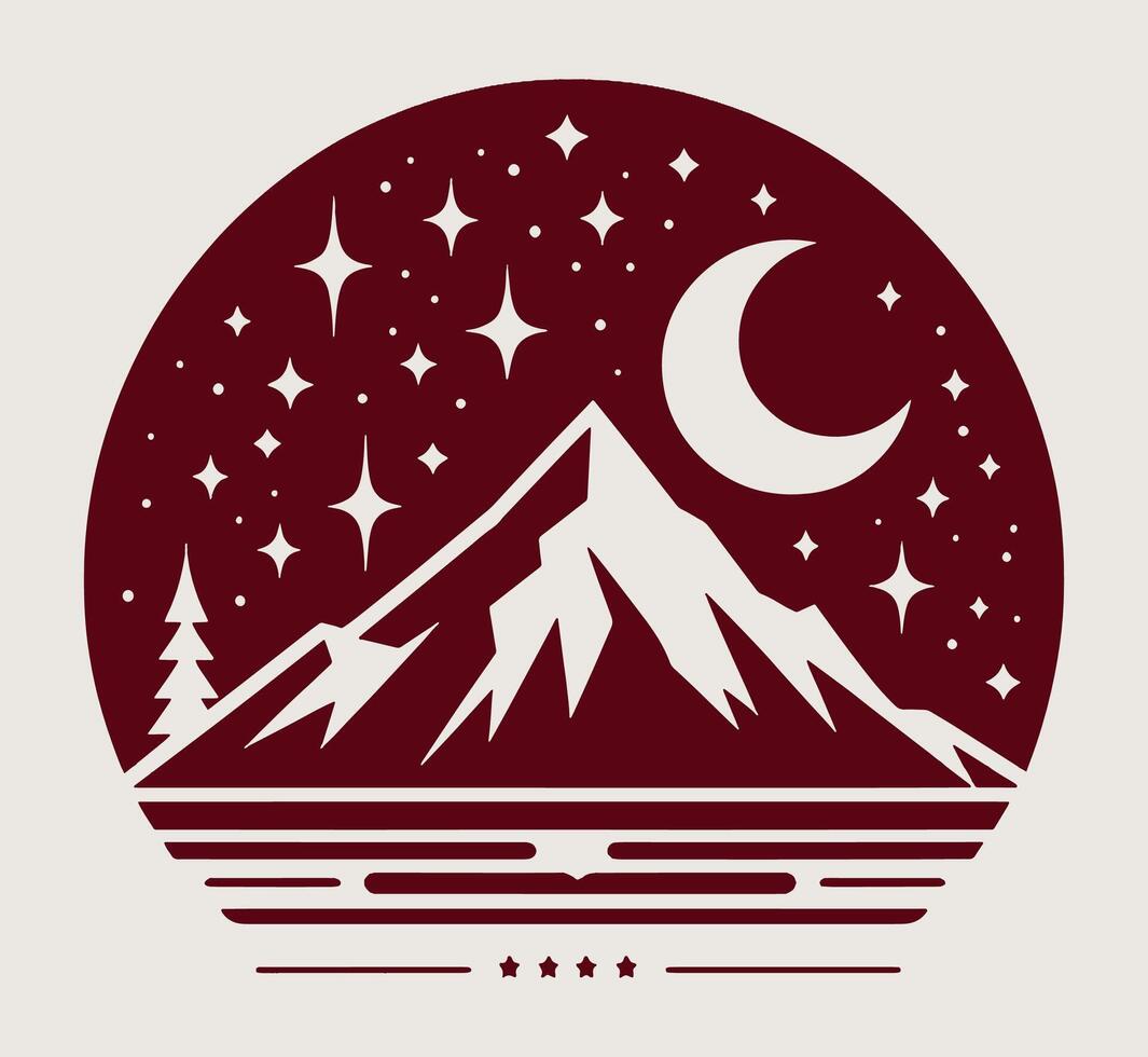 A mountain and a lake with stars and a moon on gray. vector
