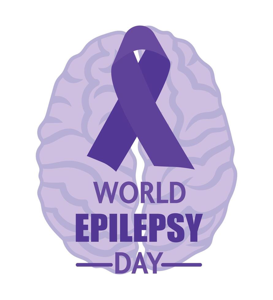 World Epilepsy Day concept, card or poster. Violet ribbon, brain in the background and text. illustration vector