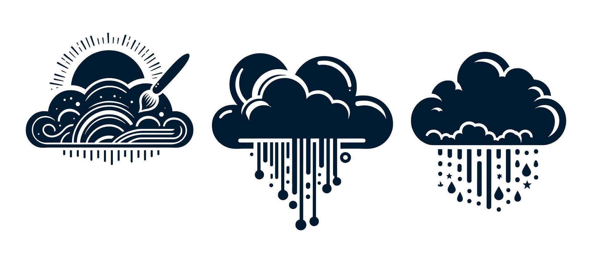 Three different types of clouds with rain and sun vector