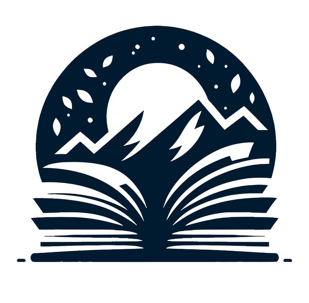 An open book with mountains and a moon in the background vector