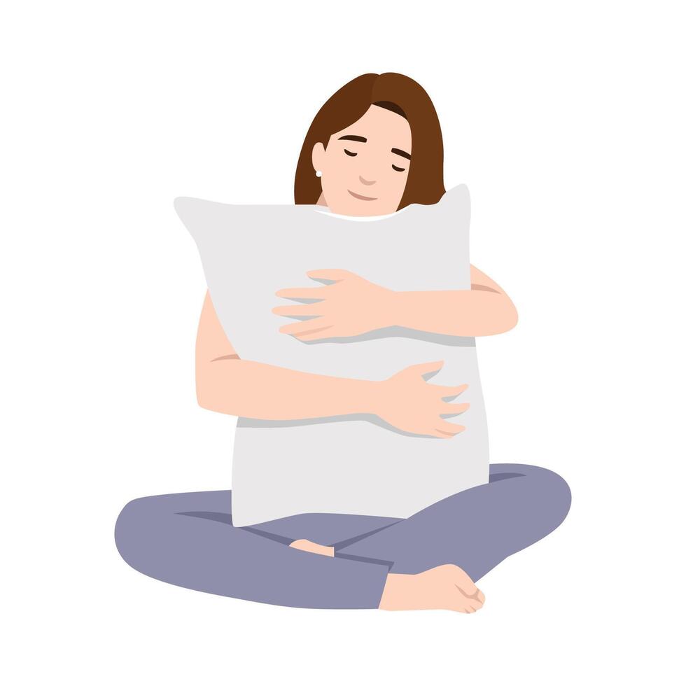 Woman sits cross legged, gently embracing a white pillow with a peaceful expression on her face. vector
