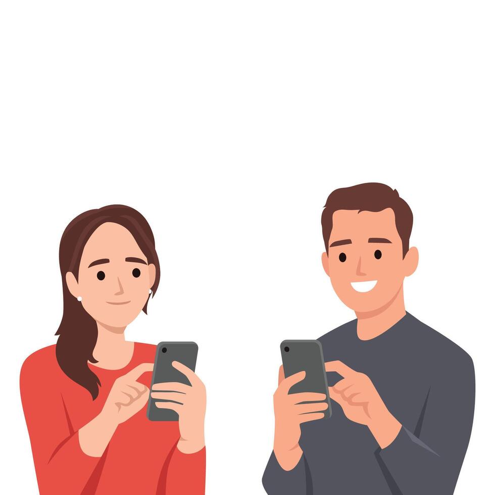 Smiling man and woman are engaged with their smartphones, symbolizing modern communication. vector