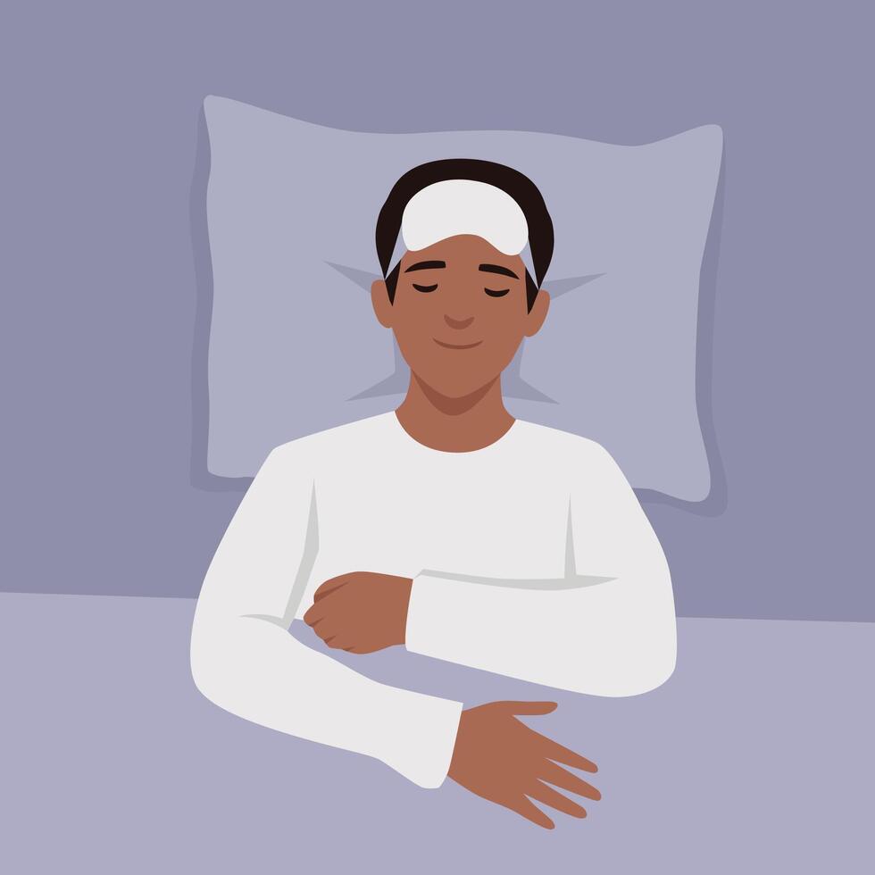 Man wearing sleep mask lies in bed with a relaxed expression, enjoying a restful sleep. vector
