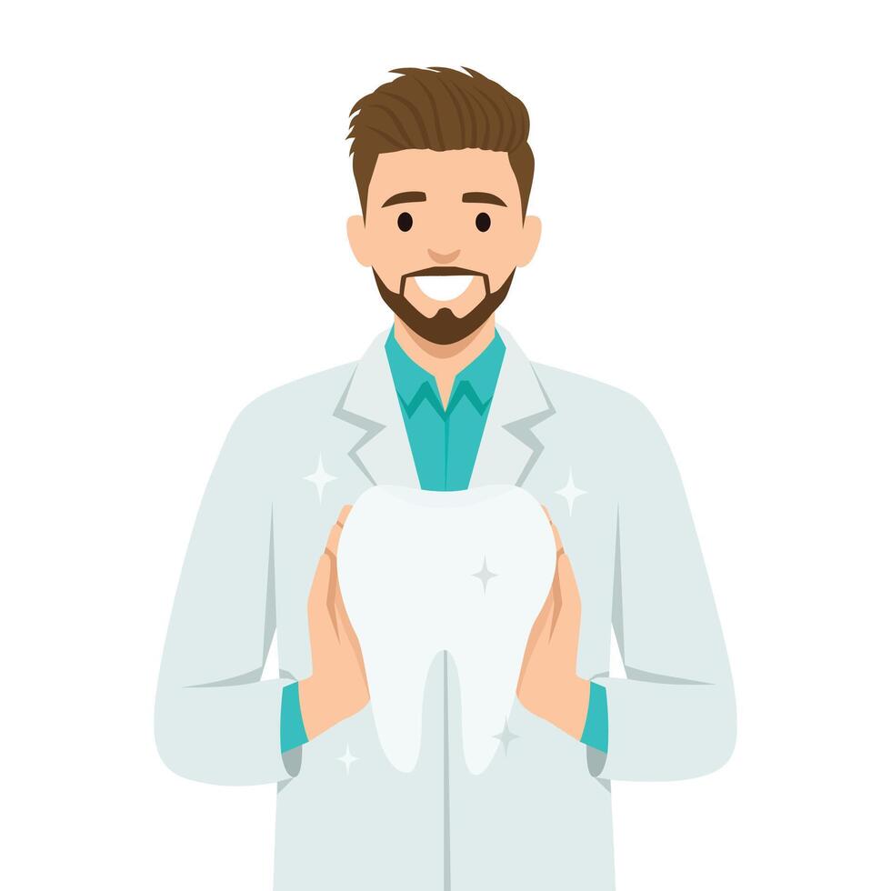 Smiling Dentist Holding a Giant Tooth sparkling. vector