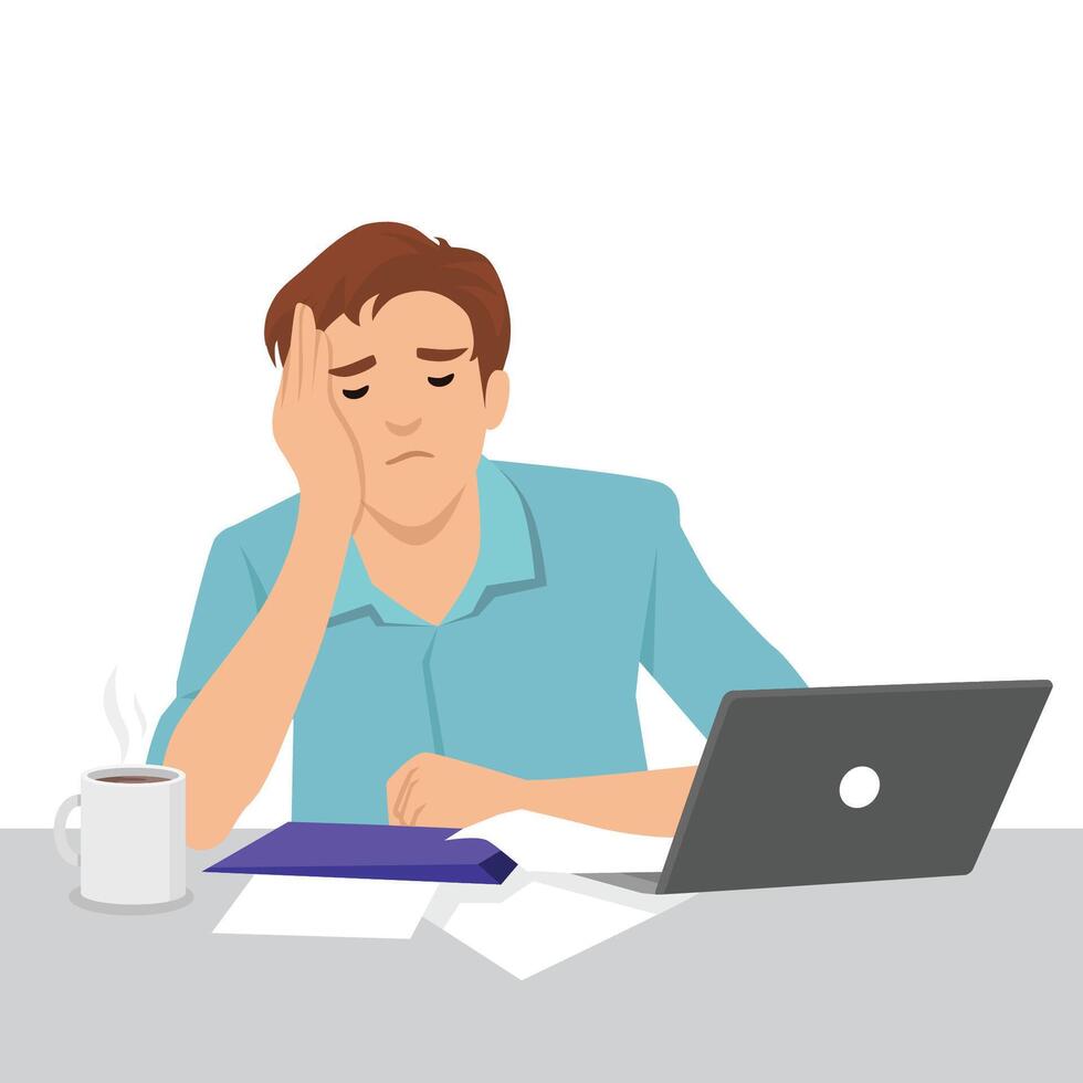 Exhausted and Overwhelmed at Work. Sits at a desk with a laptop, papers, and a coffee cup. vector