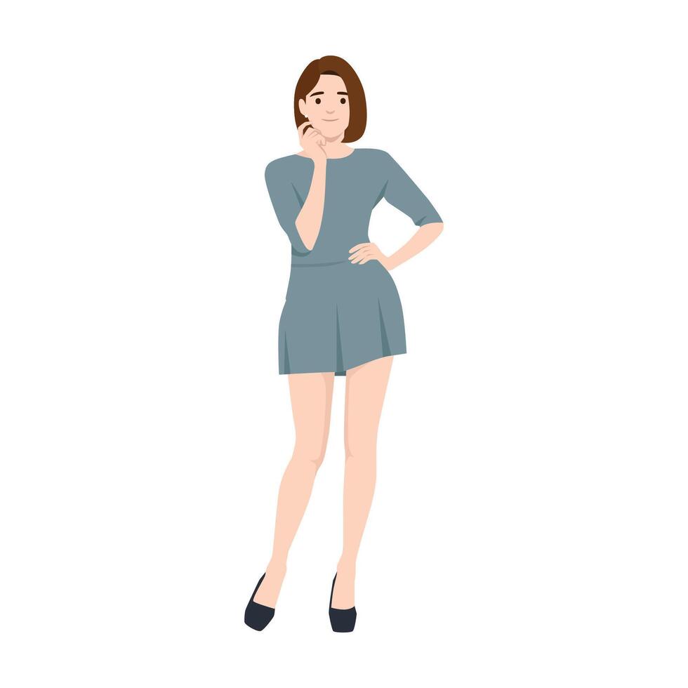 Fashionable woman in a dress and heels poses with a hand on hip and thoughtful expression. vector