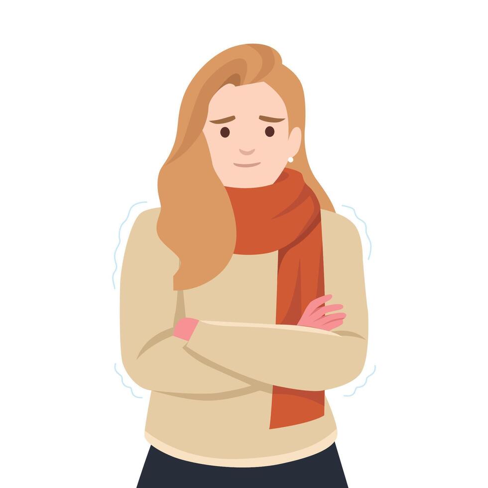 Young woman Shivering in the Cold. Showing signs of being cold. vector