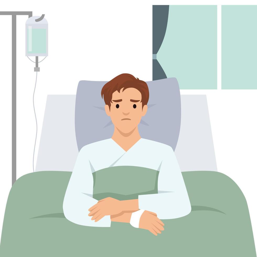 Sick Man in Hospital Bed wearing a hospital gown, connected to an IV drip in a hospital room. vector