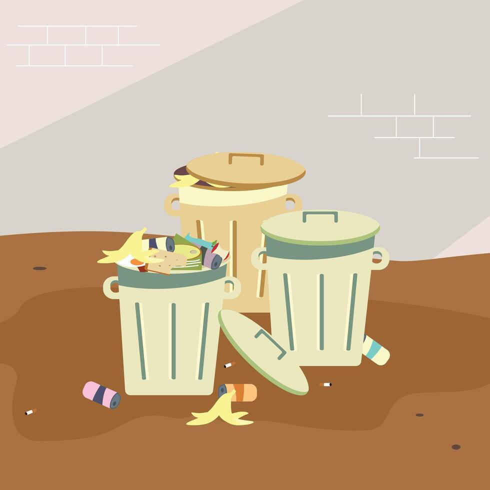 Trash Can Full of Dirty Rubbish with Alley Background vector