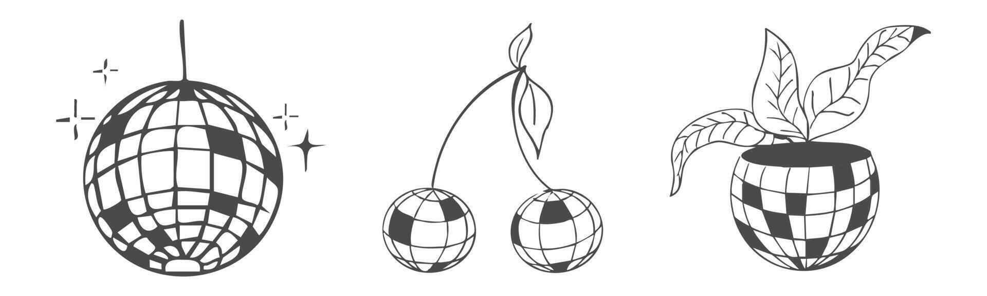 Disco ball doodle line tattoo y2k coquette trendy groovy decoration. Retro dance party line hand drawn design elements. Disco ball with stars, sketch vector