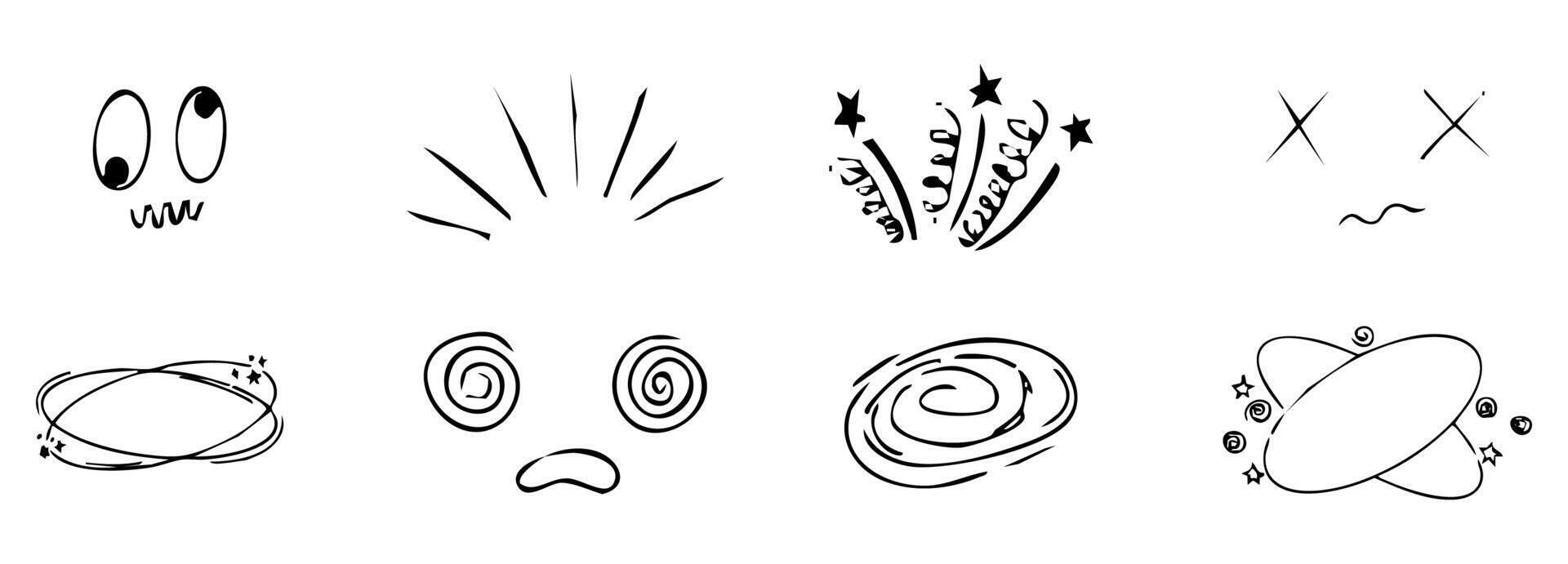 Dizzy effect, headache, sick drawing doodle comic set. dizziness faces, stars overhead anime emotions, crazy hand drawn line collection. vector