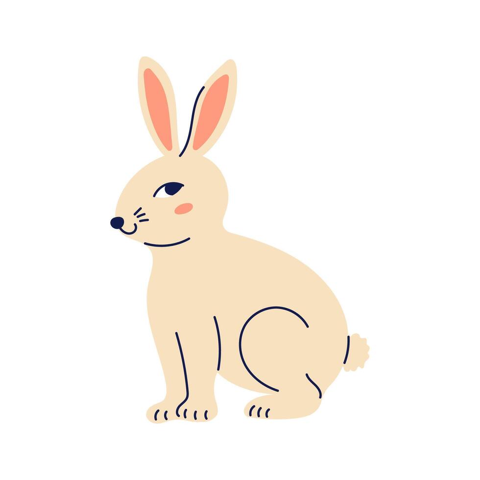 Cute hare with sly look sits sideways. Happy Easter hand drawn card. Flat illustration with partial outline. Isolated illustration. vector