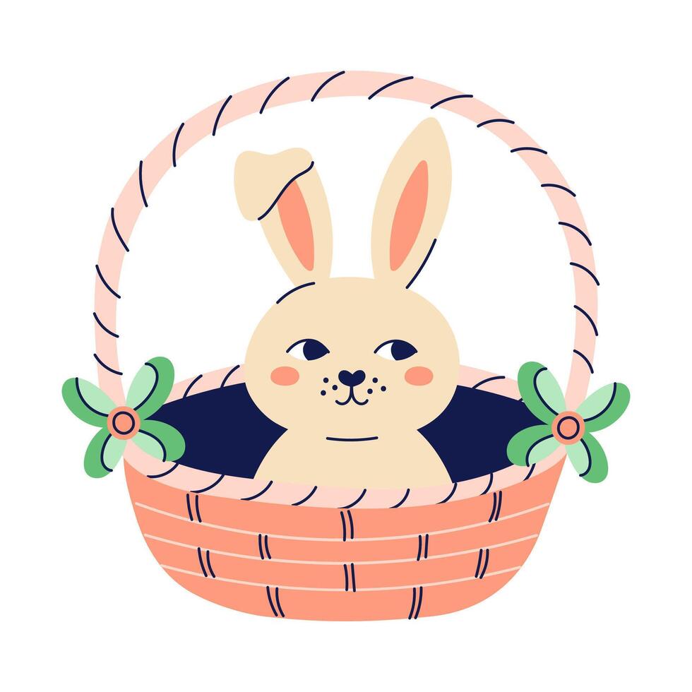 Cute hare sitting in wicker basket. Happy Easter hand drawn card. Flat illustration with partial outline. Isolated illustration. vector