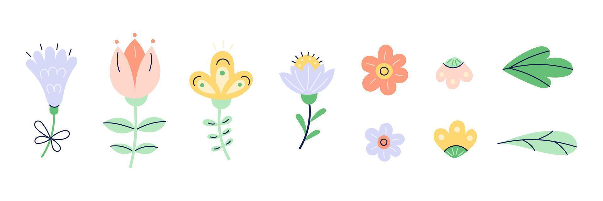 Set of delicate spring flowers and leaves hand drawn. Fantasy flowers in pastel colors. Isolated illustration. vector