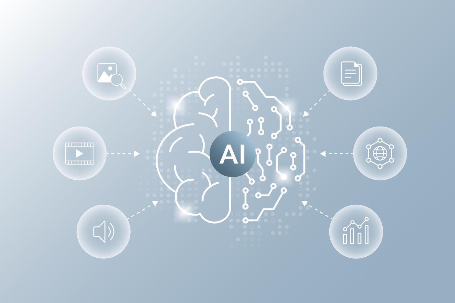Multimodal AI. multimodal learning icons with digital ai brain. ai brain concept. Stroke illustration vector