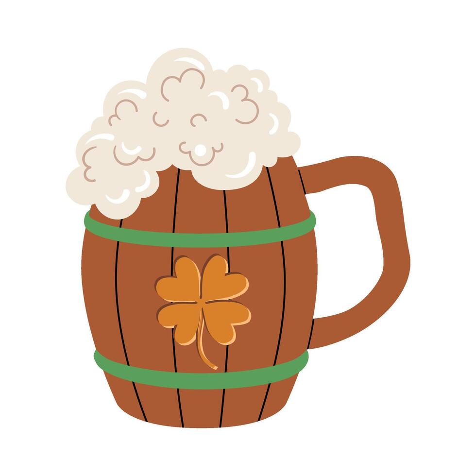 Wooden beer mug with foam and clover. Flat illustration isolated on white. St Patrick Day beer wood mug. vector