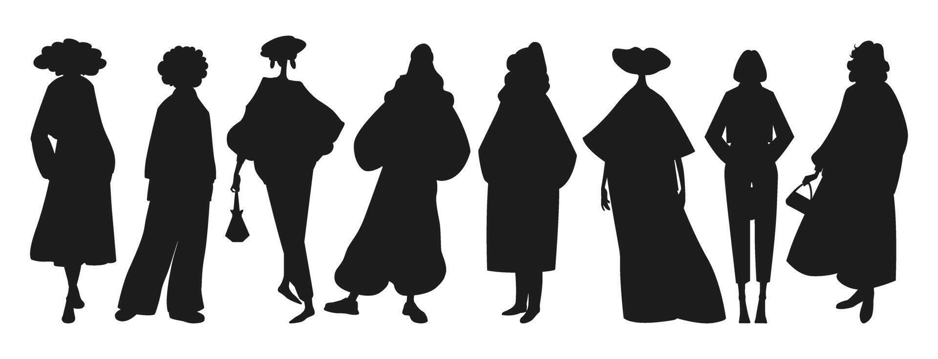 Group of fashion women silhouette in trendy modern outfits. Stylish girls in casual clothes. Full-length woman characters in fashionable autumn, spring, and winter looks. Simple illustration vector