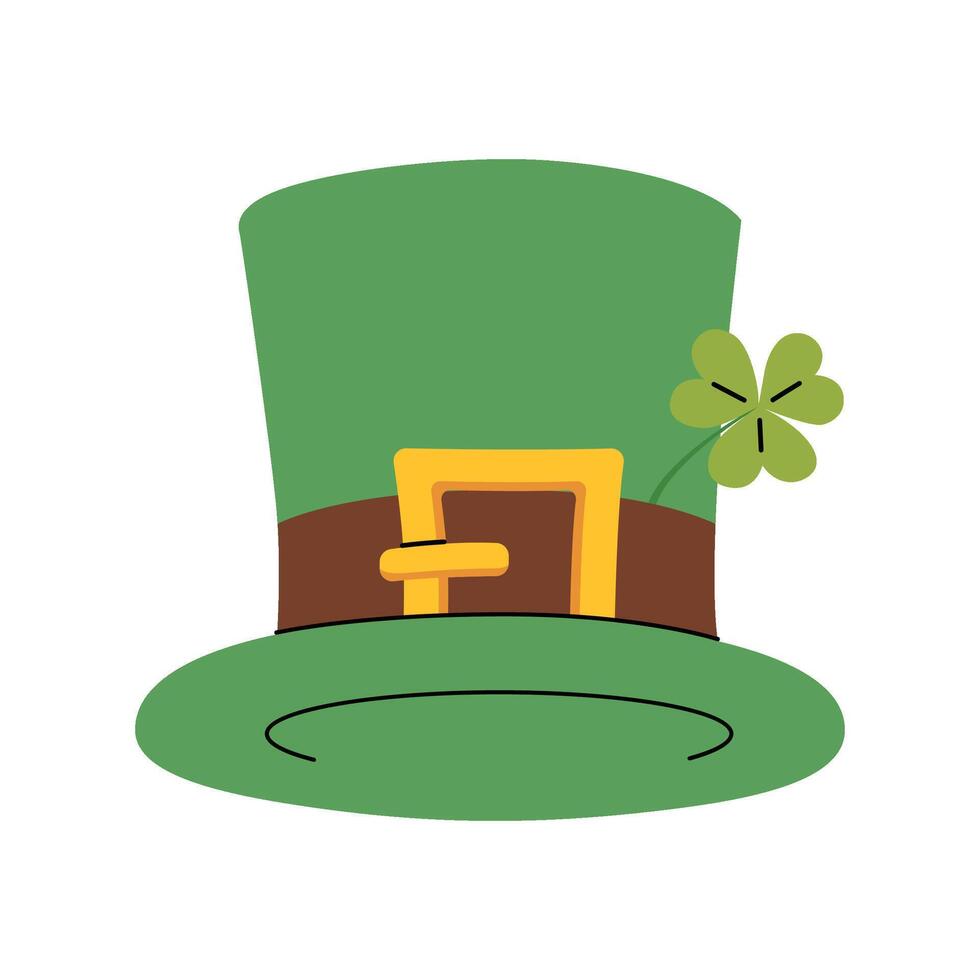 Leprechaun green hat. Front view of a green retro bowler hat with a belt, and lucky clover leaf. Irish holiday Saint Patrick's Day symbol. Element for festival or party. Flat illustration. vector